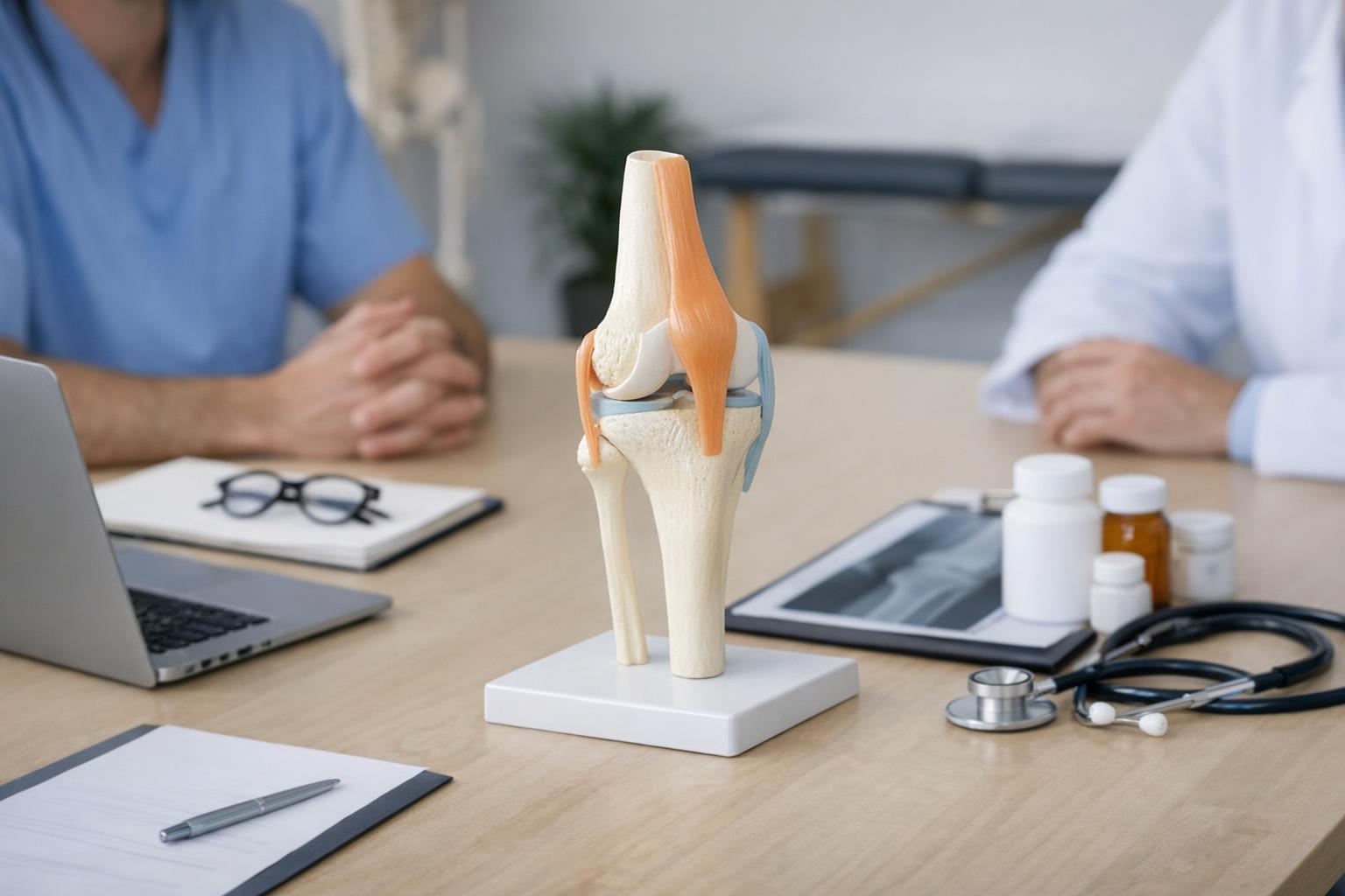 zdjęcie stołu konsultacyjnego z anatomicznym modelem stawu kolanowego