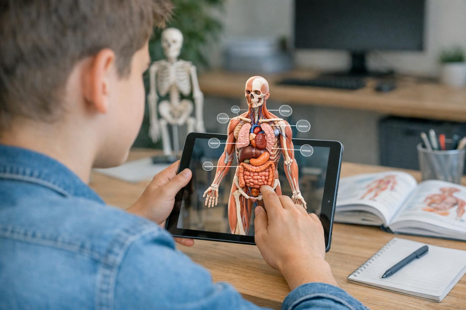 fotografia: student korzystający z aplikacji AR do nauki anatomii na tablecie